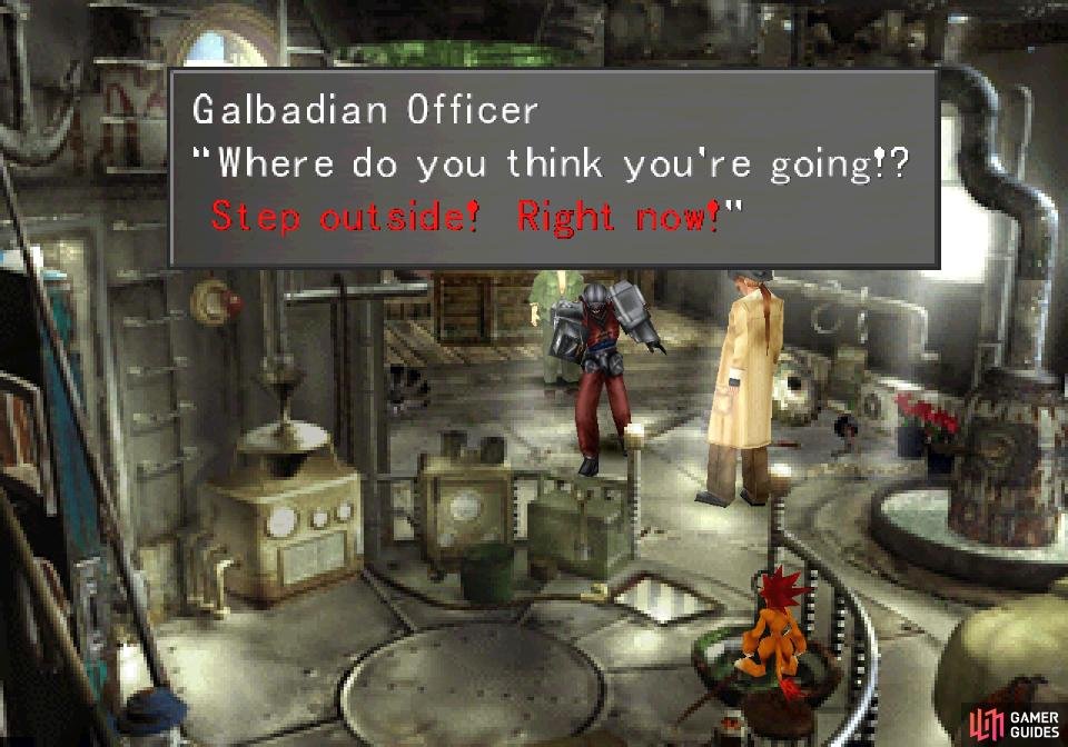 After assigning one of the instruments, return to the Grease Monkey to find the Galbadian Officer up to his old tricks