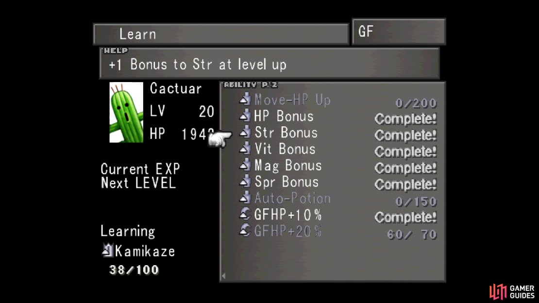 GFs like Cactuar have stat bonus abilities that permanently increase the junctioned character’s stats when they level up.