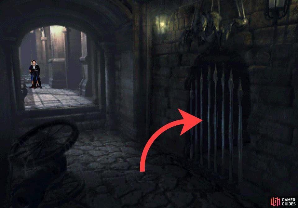 Spot a gate across a bridge from the courtyard.