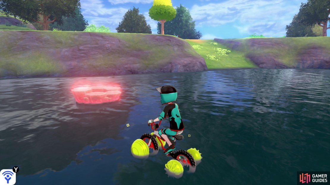 Turn right from the pathway leading to Dyna Tree Hill (with your back to the massive tree). Go down the slope that leads to the water. This den is immediately on the right. You&rsquo;ll need a bike that can traverse water.
