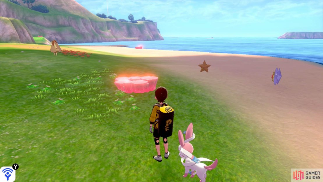 Halfway across the zone, near where the shore means the grassy part.