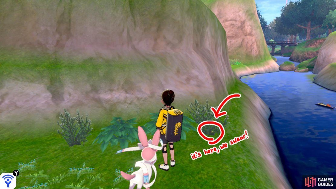 6/9: Return towards the forest entrance, then travel straight ahead, until you&rsquo;ve gone past the first bunch of tall grass. Along the left, there&rsquo;s some rocky terrain. Navigate around to the back of this terrain. It&rsquo;s hiding in the corner where the terrain meets the river, camouflaged by greenery.