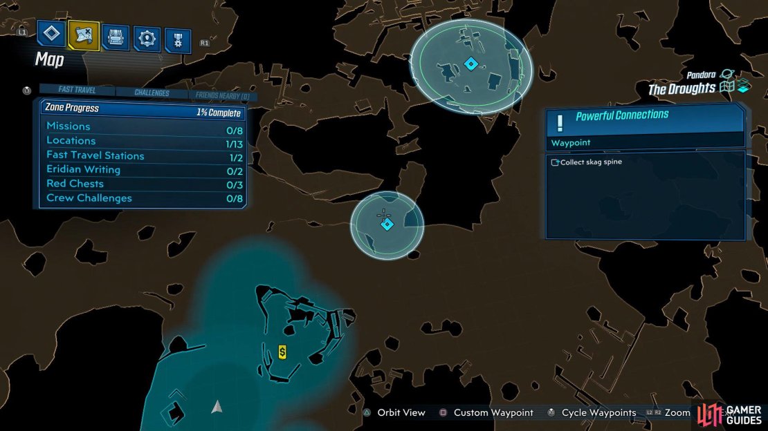 Make your way down a hill towards a cave to find some lurking Skags,