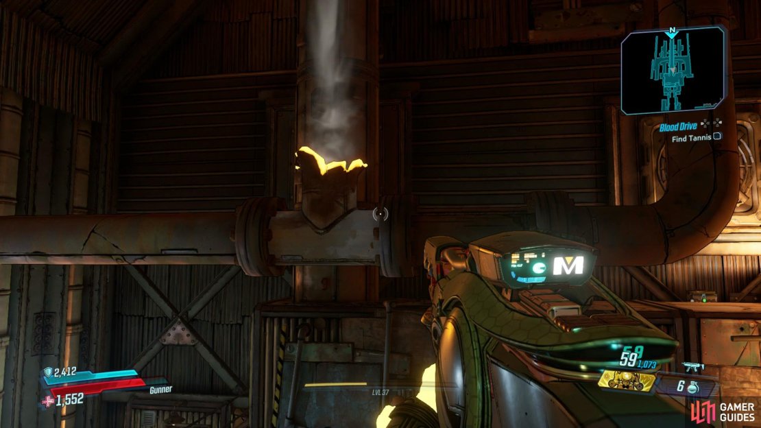 Use the air vent on the flaming bridge to reach a Red Chest.