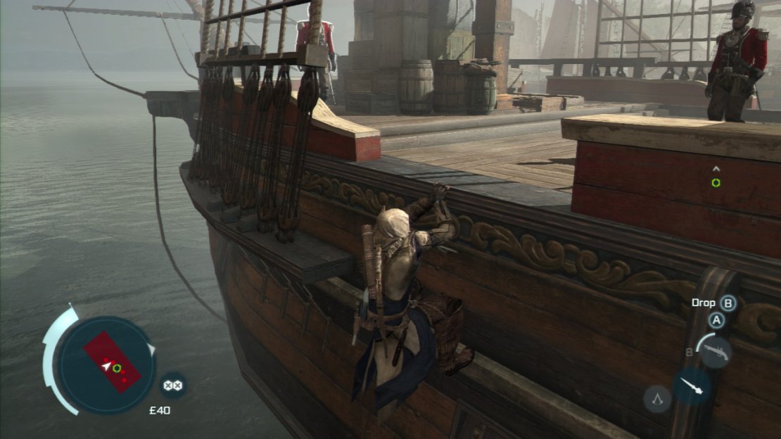The southern ship is a little easier. Climb up from the side furthest from land again and note the guards on board. All of them are stationary bar two. One of them will patrol the central deck, whilst the other will patrol around the front of the ship. Pull the central patroller into the water and then when the patrolling guy at the front of the ship is not looking climb up and interact with the barrel. Quickly run and jump into the water.