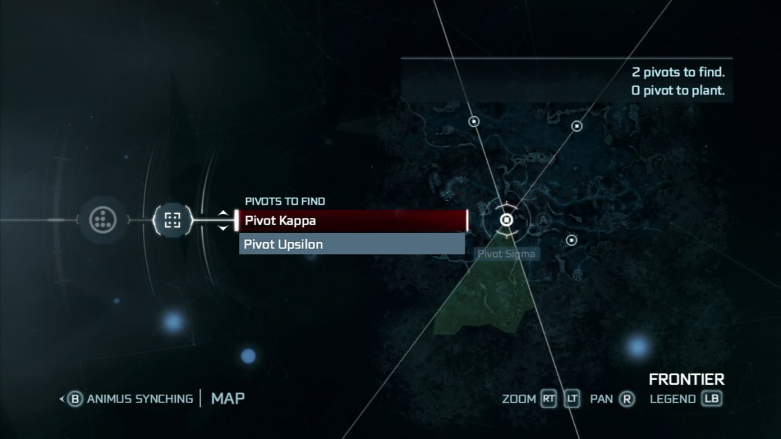 The brief in-game tutorial will earn you three pivots and with these, we can find additional pivots hidden throughout the world. To find pivots, we must first three of place pivots that we have already found into the environment. The idea is to place these in a triangular shape which will detect any pivots within that area.  Note that when placing pivots (you must go into the menu to do this), Connor will have to move to the exact locations where you want to drop the pivot, so be prepared for a bit of running!    You can retrieve pivots via the map menu.  You MUST be playing online for pivots to appear.  It is impossible to write a location guide for the pivots as their location will be different for everybody. This is because the pivots that appear in your game are actually being placed by another player somewhere else in the world who is also online and is looking for pivots in their game.  There is a pivot option in the map menu that will show you the pivots you own and the genral map location of additional, undiscovered pivots.  One pivot will spawn every 15 minutes and will stay in its location until you find it.   In a nut shell then, placing pivots creates bi-secting lines on your map. These lines split the map into sections and, should a pivot be hiding in a section of the map, that area will be highlighted in green. Your next job is simply to head into this green zone and place another pivot within it to shrink the potential search area. Try and get the zone as small as possible and then just get your search on and hope you stumble across the blasted thing.  There are 10 hacks, or cheats in the game, so finding 10 pivots will allow you to unlock all of these. The list is below.