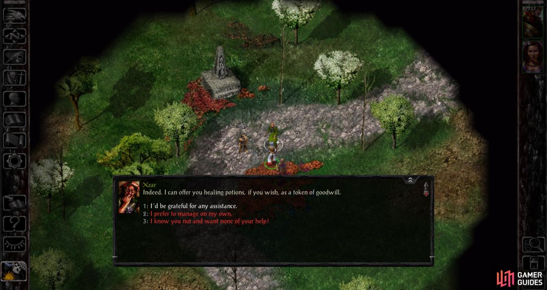 Follow the road and you’ll find Xzar and Montaron. While morally dubious, there’s strength in numbers.