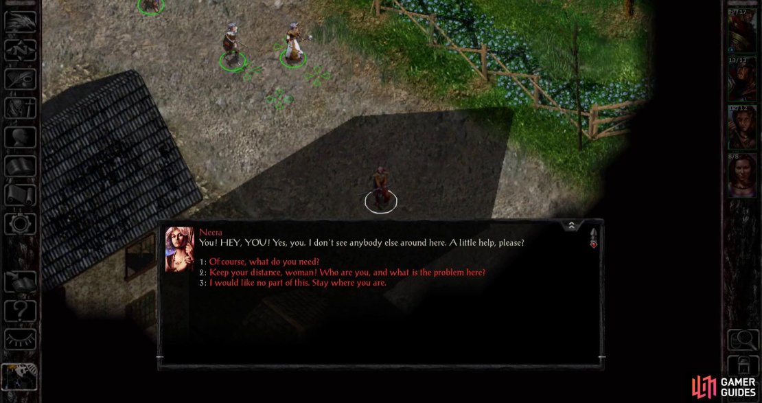 Walking around the northern end of Beregost you&rsquo;ll be hailed by Neera, who asks for your help.