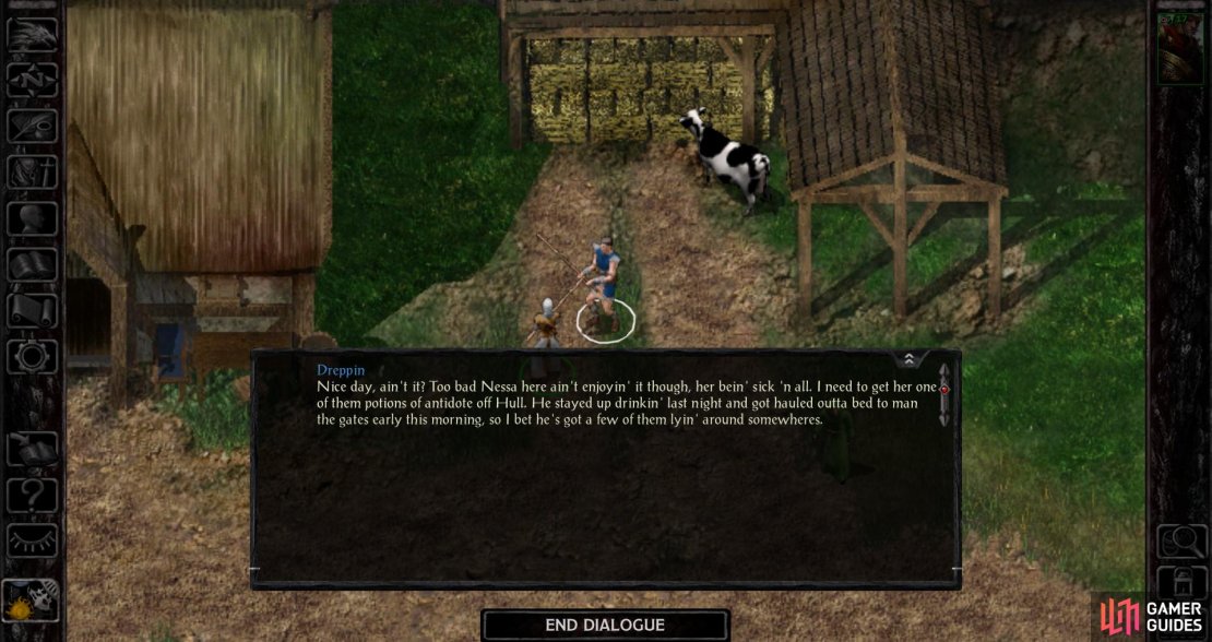 Talk to Dreppin and he&rsquo;ll ask you to fetch an Antidote for his sick cow.