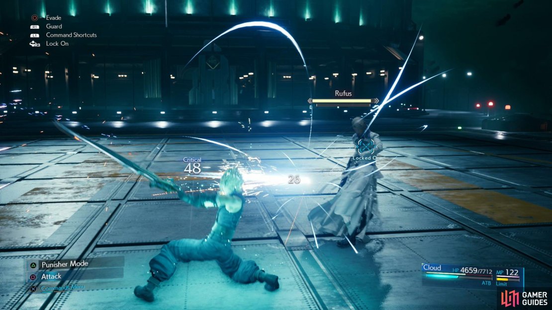 Attacking Rufus when his guard is up will result in your attacks being parried harmlessly aside.