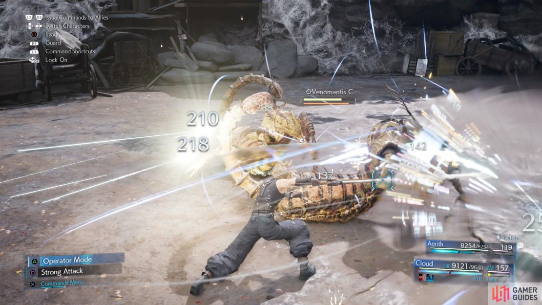 Protected from &ldquo;Poison&rdquo; and &ldquo;Sleep&rdquo;, Cloud can safely block and counterattack the Venomantis enemies.