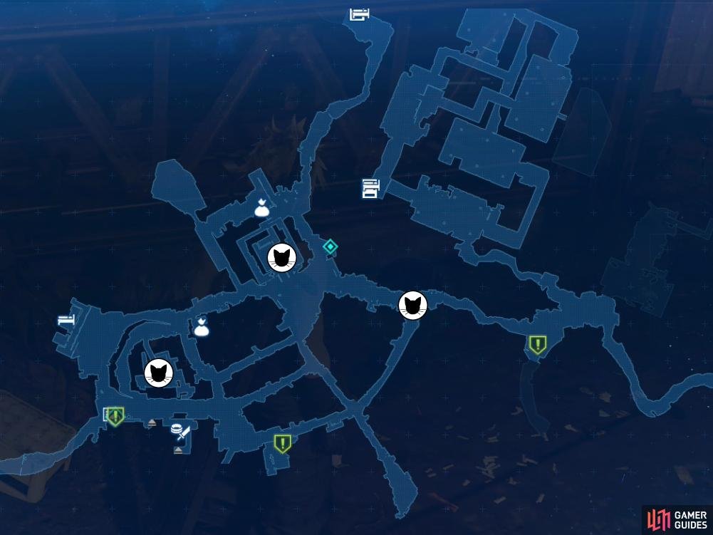 The locations of the three cats on the map - find them in order, from right to left.