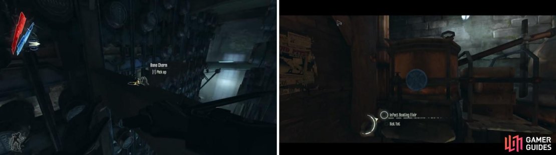 Don&rsquo;t forget to grab the Bone Charm sitting on the rafter in the room with all of the barrels (left). Turn the valve to be given a choice on whether to infect the distillery or not (right).