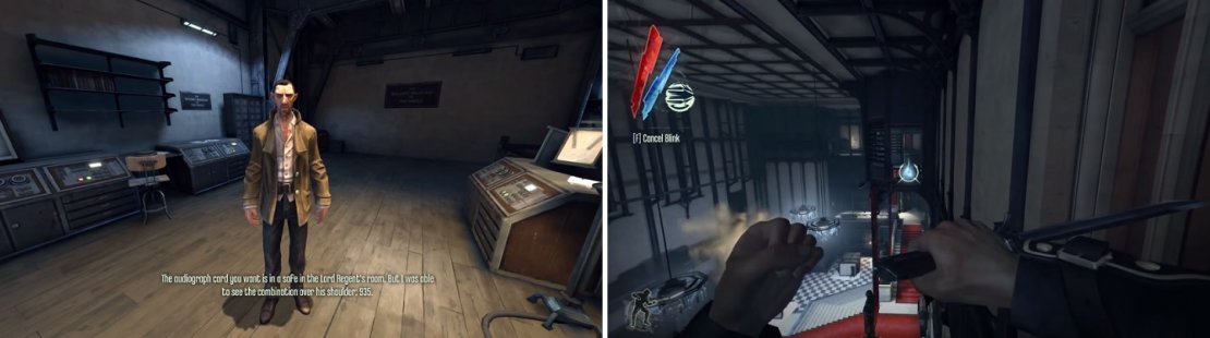 The Propaganda Officer at the top of the Broadcast Tower will tell you the combination (left) to the Lord Regent&rsquo;s safe. Burrows&rsquo; chambers can be accessed by Blinking to the balcony pictured on the right).
