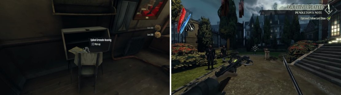 Make sure you grab the blueprint (left) from the guardhouse before heading inside the mansion. If you&rsquo;re going for the Clean Hands achievement/trophy, remember to equip sleep darts for your crossbow before firing at Lord Shaw (right).