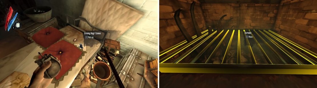 In order to take down Granny Rags, you&rsquo;ll have to grab her cameo off of her bed (left) and place it on the furnace nearby (right).