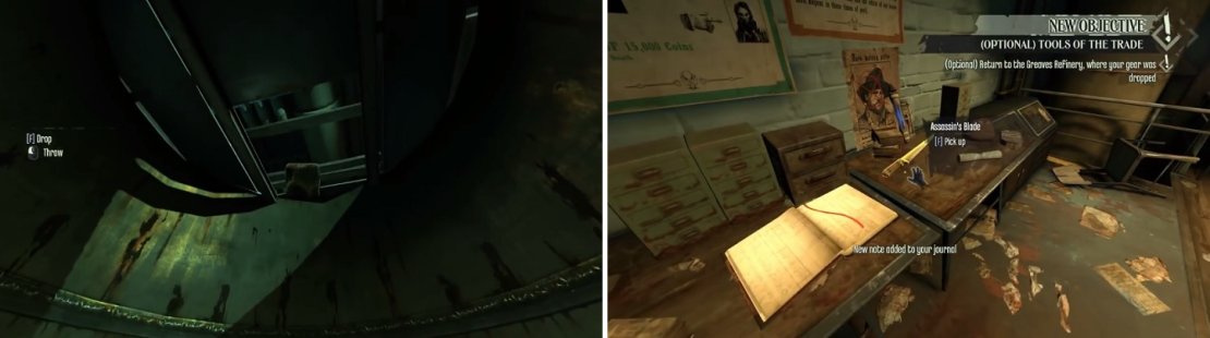 To escape your imprisonment, pick up the bricks and toss them at the wooden panel (left). Make sure you pick up the Assassin&rsquo;s Blade and other items on the table after escaping (right).