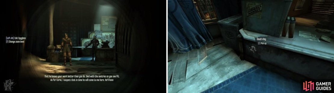 Daud will have an Assassin (left) in the room with him. Make sure you steal Daud&rsquo;s Key after knocking him out (right).