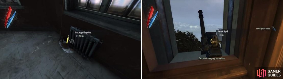 The blueprint for the prototype is in a trashcan on the second floor of the pub (left). You&rsquo;ll need to use the contraption to signal Samuel (right) in Emily&rsquo;s tower.