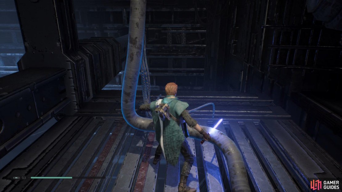 Use the large container to let you reach the platform above and then cut the wire