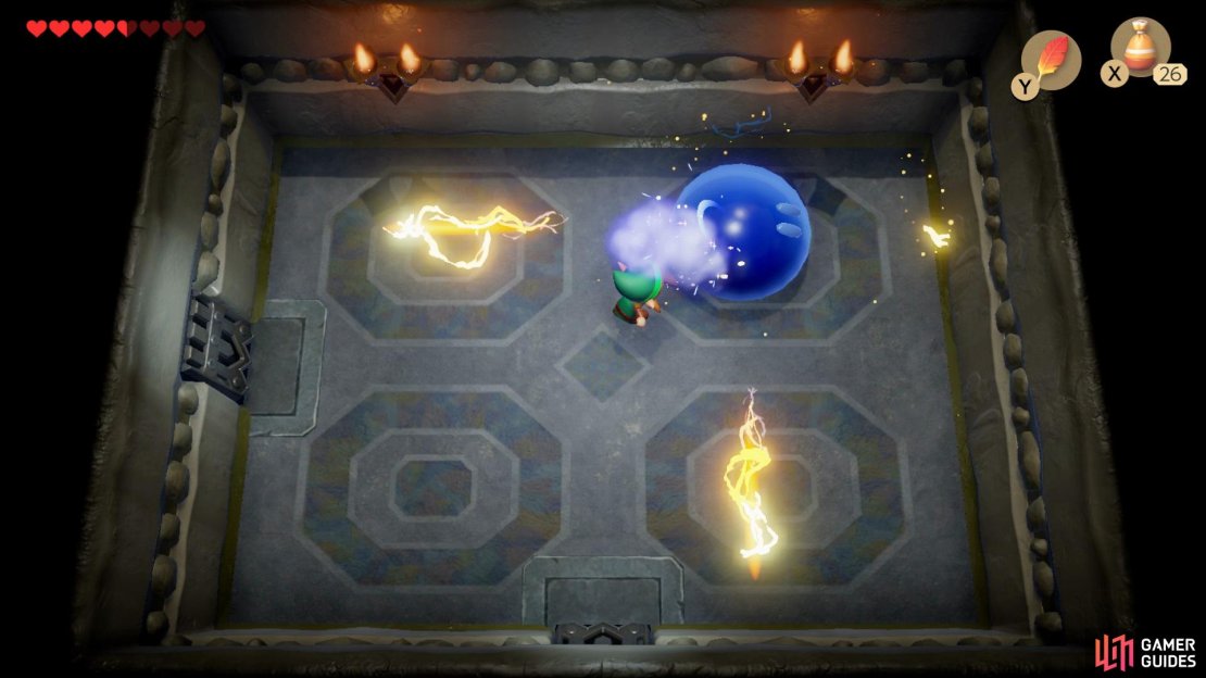 In order to take out the Giant Buzz Blob you&rsquo;ll need to sprinkle it with Magic Powder to turn it blue allowing you to deal damage,