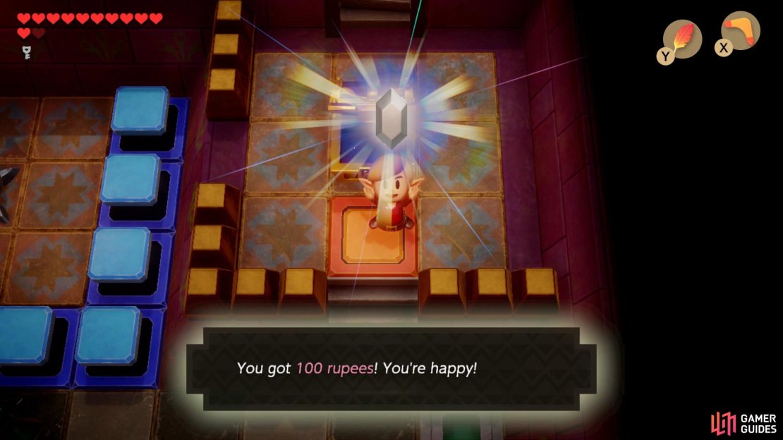 Throw the Elephant Statue at the door ahead of where you obtained the Compass and head through to find a Chest with 100 Rupees,