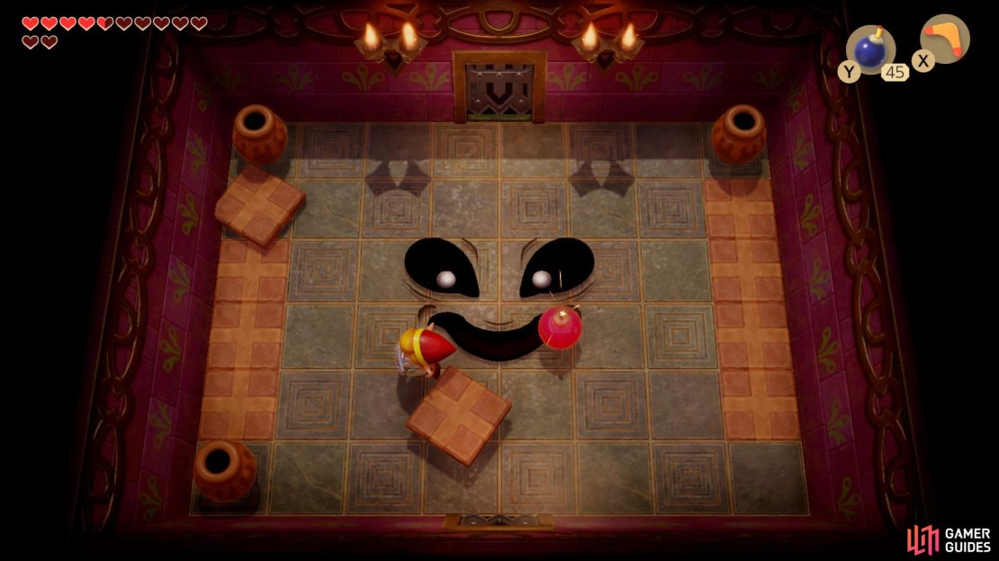 Place Bombs on top of Facade when he shows his face for a moment and jump over the floor pieces that are coming at you,