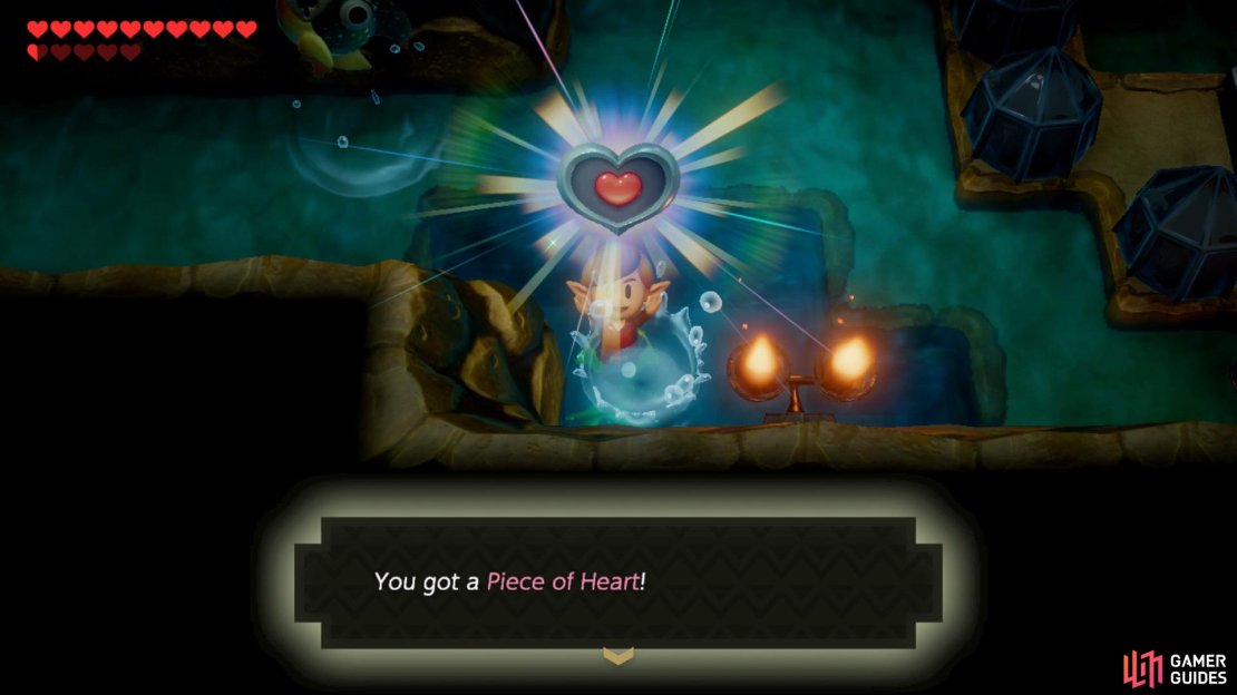 Head into the a cave and dive down into the deep water to get a Piece of Heart,