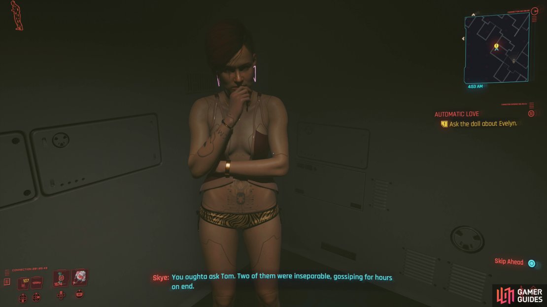 After your session with your doll, ask about Evelyn to unlock her booth and to get referred to Tom.