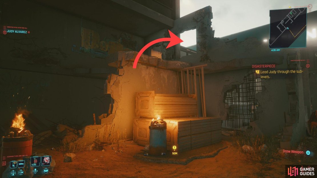 You can climb some objects to reach the upper floors of a ruined building.
