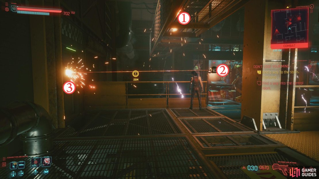 When you enter the workshop, note 1) the walkway you want to reach, 2) the drone shooting a door, and 3) the door you need to pass through if you can&rsquo;t jump onto the walkway (1).