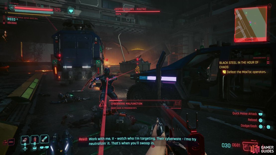 Jaspar Collins, the MaxTac netrunner, will try to quickhack you - follow the red lines and interrupt him,
