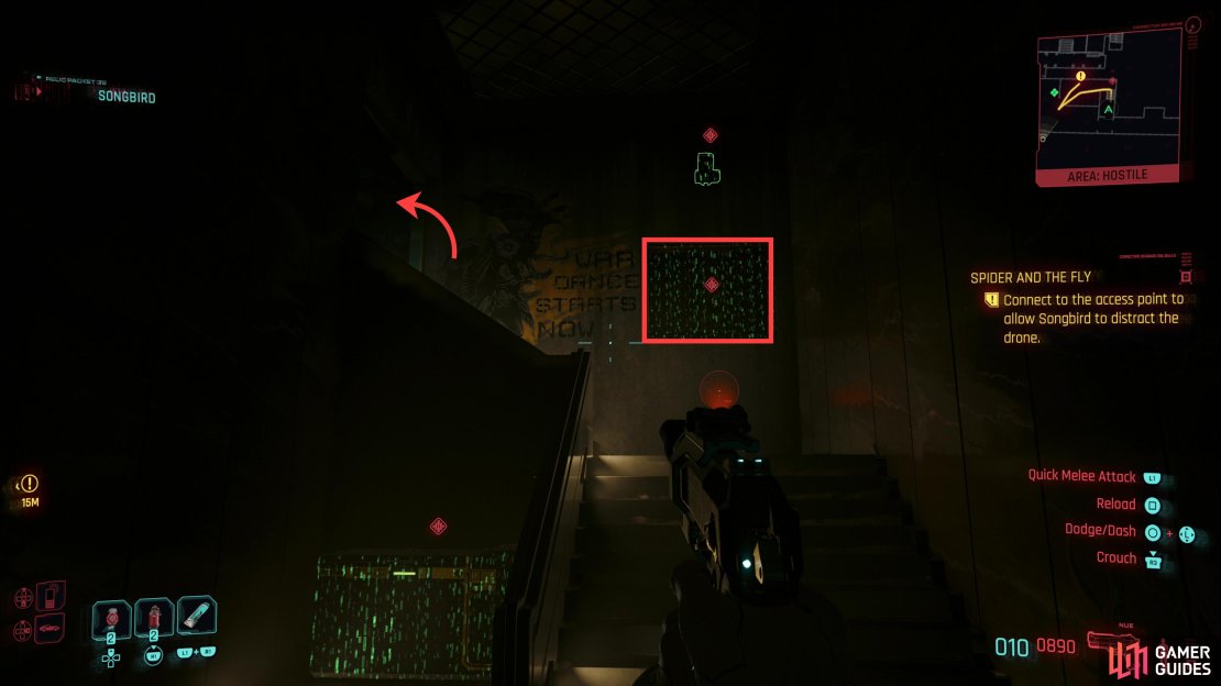 Instead of rushing headlong into combat, you can either go up some stairs (follow the arrow) or crawl through a duct.