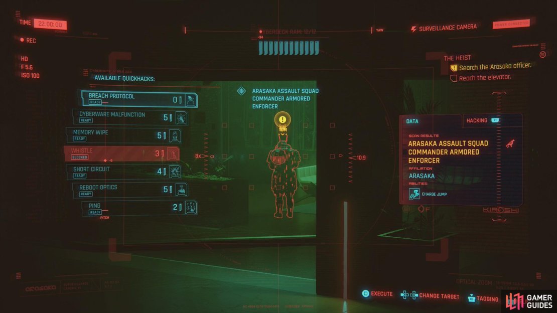Take control of the camera near the elevator and tag your enemies - including the Arasaka commander.