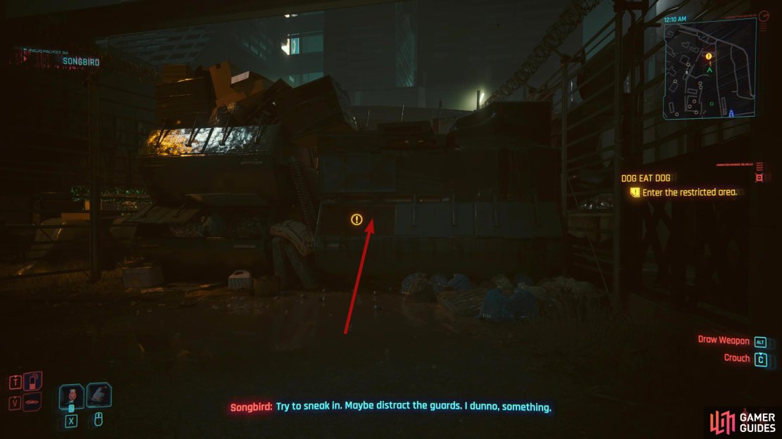 Head through the dumpster to come out in front of the garage.