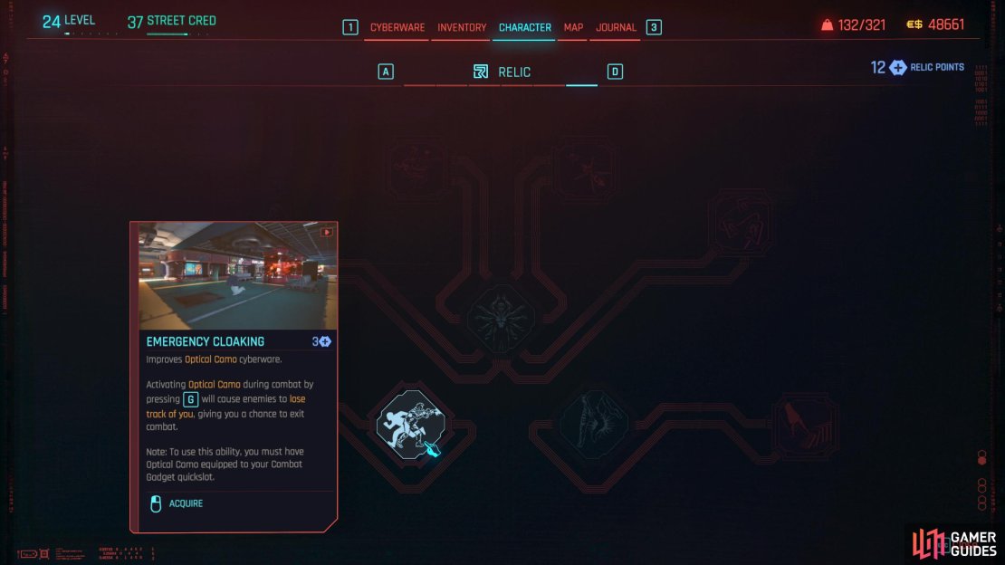 The main abilities in the Relic Tree are Emergency Cloaking for a stealth playstyle.