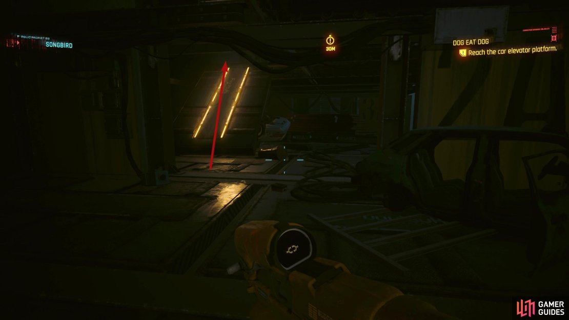 Before heading up the ramp, jump up to the floor above and head the opposite direction.