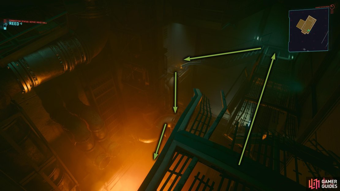 Follow the walkway to the bottom.