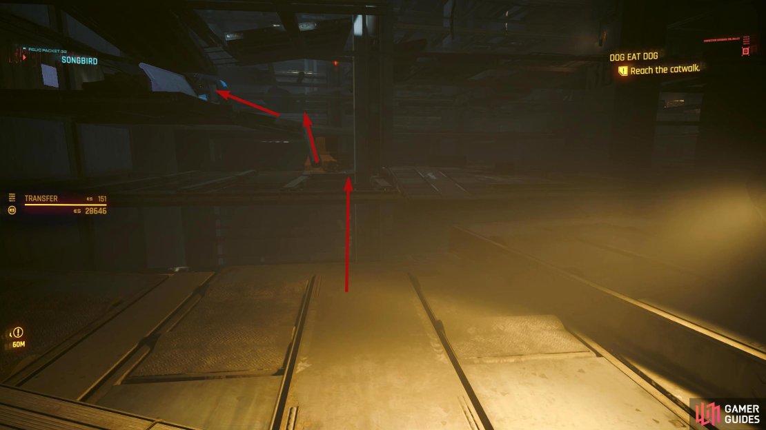 Instead of going up the car, jump across the platforms and go up the beam to the floor above.