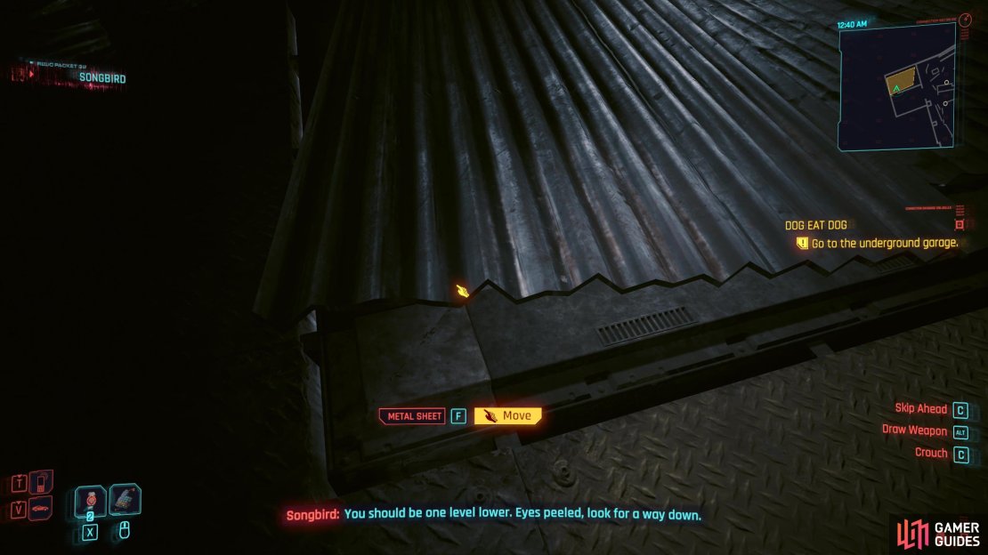 In the next room, head to the right, move the metal sheets in the center of the room, and drop below.