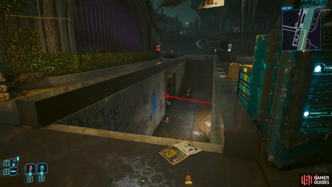 Navigate past the Scavs, and enter the hole in the gate.