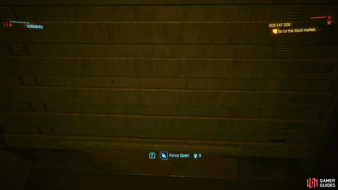When the elevator reaches the top, follow the path, and go under the shutter.