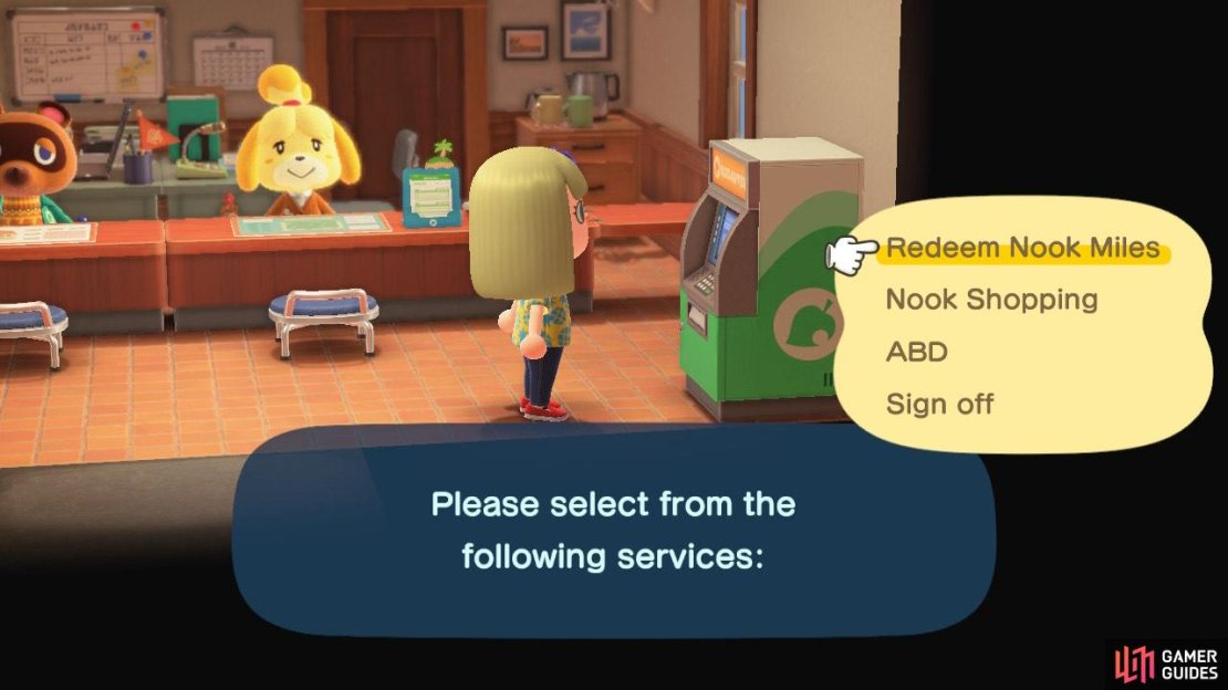 Choose &ldquo;Redeem Nook Miles&rdquo; and scroll down to find the right option.