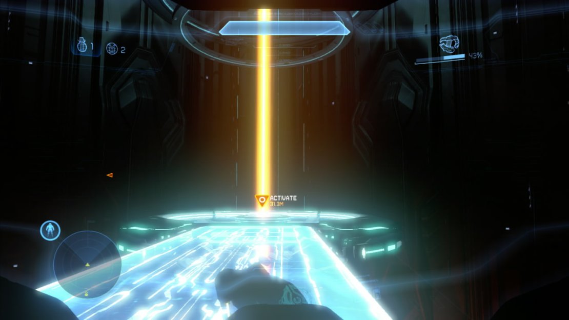 After the scene, go down the ramp in front and you will see two objective markers appear. Let&rsquo;s work our way over to the right side of the area and use the ramps here. Enter the door and hit the button here to activate a light bridge. Cross this and press the button here to lower the platform. Once you are down, return to the main room through the door here.