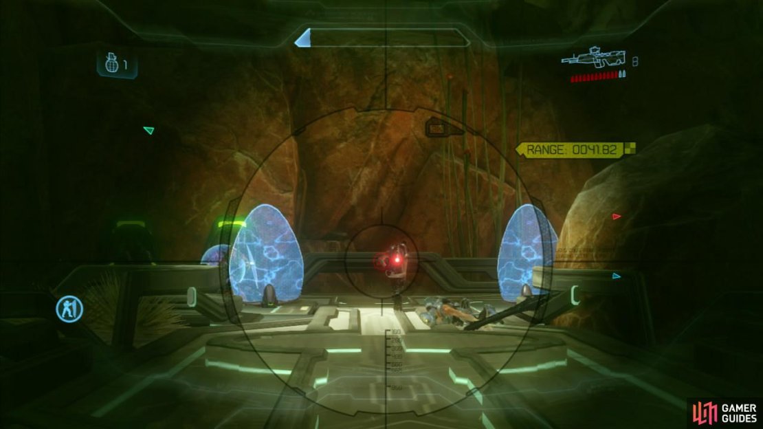 When it&rsquo;s safe to do so, climb down the ramp and go through the now unshielded passage. As you arrive on the next platform another drop pod will drop off re-enforcements around the next corner. These include jackals and 4-5 elites who will be in a hurry to come and meet you. Once they have been dispatched, follow the dirt path down the hill. Another phantom will appear below and to the left and drop off another large group of jackals and one of grunts as well along with an elite commander complete with sword.