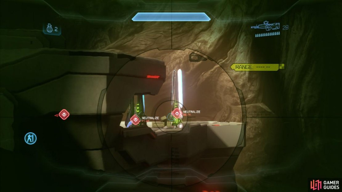 As you begin, you will see a group of grunts and jackals on a platform ahead. Kill them and continue down the ramp and eliminate any remaining hostiles in the immediate area. As we approach the rocky arch leading to the next area, we&rsquo;ll see four red objective markers pop up on the screen. These are covenant communication hubs and we need to take them all offline.