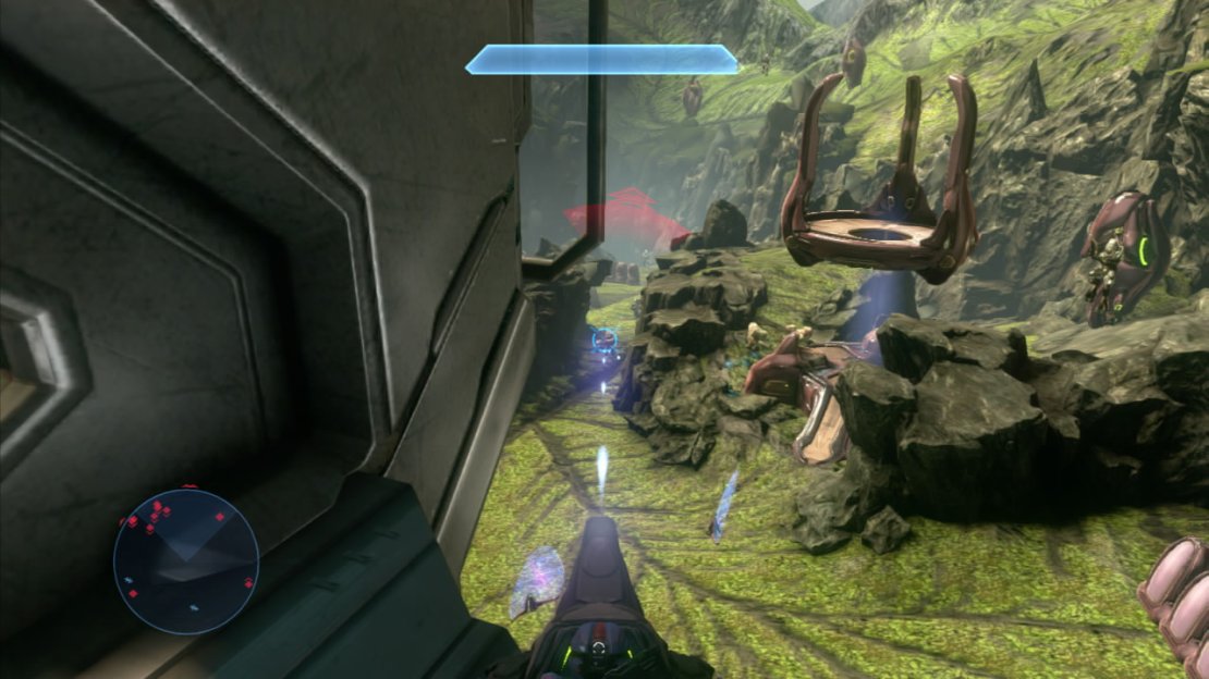 Killing the target elite will cause red icons to pop up above the other enemies&rsquo; heads, so track them down and kill them. Once they are all dead, you&rsquo;ll get a radio transmission warning you of a large covenant force heading your way. Look down to the area we cleared before to see a couple of large drop pods and scores of the smaller pod variety come down and deposit a very large number of enemies.