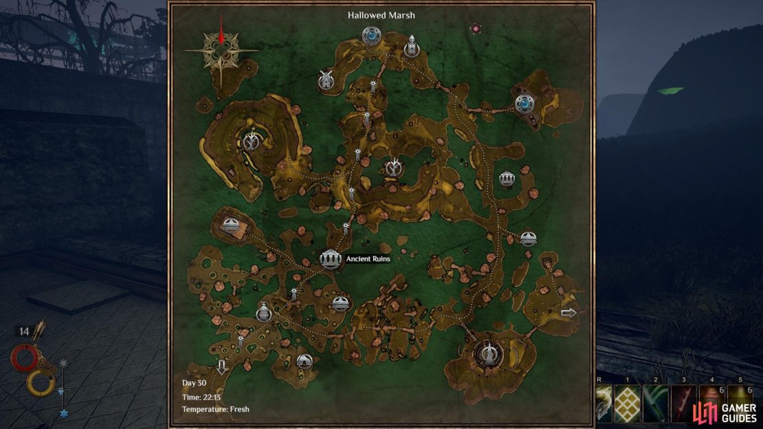 The location of the Flooded Cellar on the Hallowed Marsh map, marked here as &lsquo;Ancient Ruins&rsquo;.