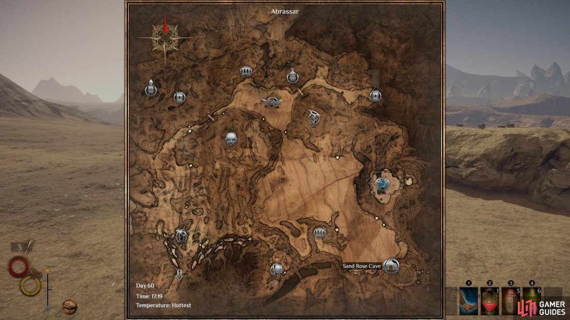 The location of Sand Rose Cave, directly south of the city of Levant.