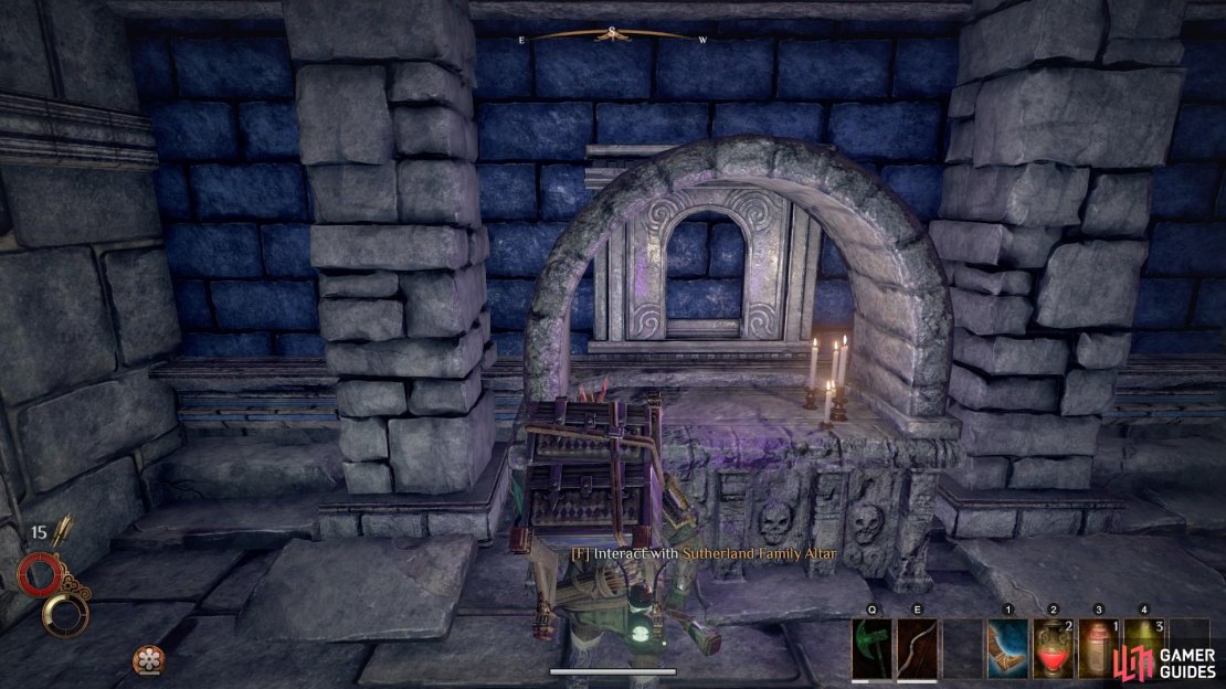 Interact with the Sutherland Family Altar and provide it with one of the Greasy Ferns that you picked up from the first room.